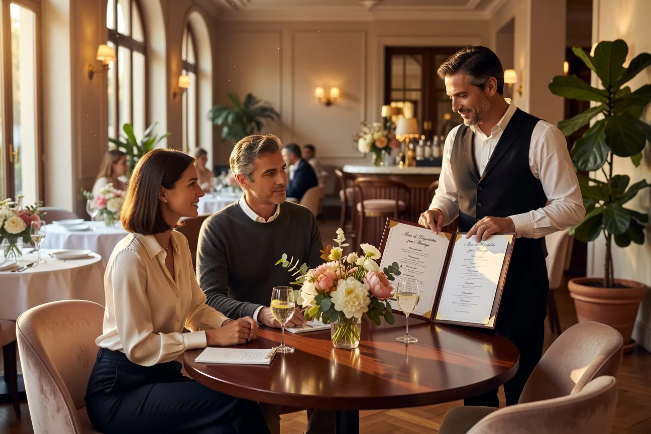 Couple avec un traiteur de mariage consultant le menu de réception
