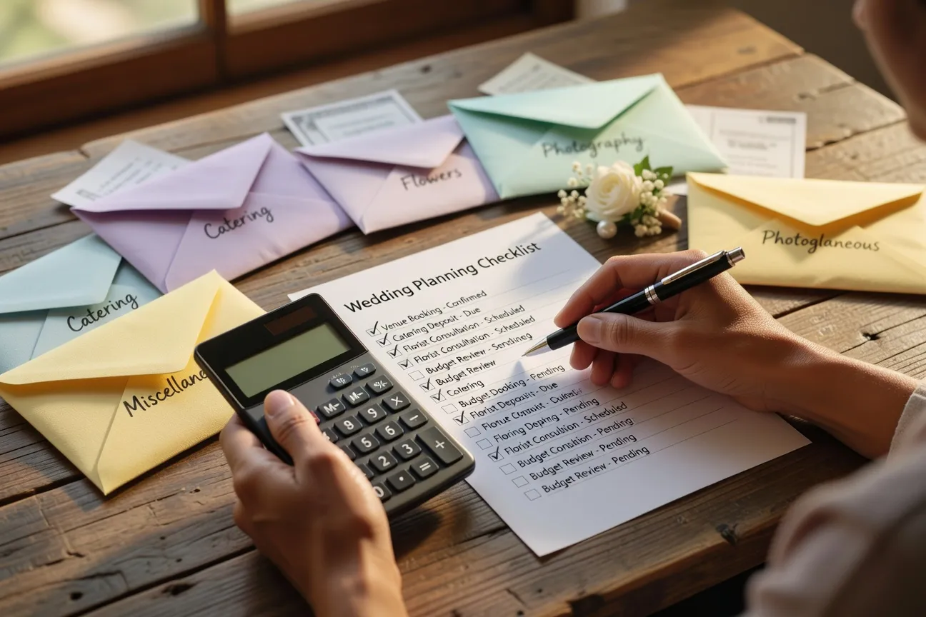Planning budget mariage 2026 avec calculatrice et cahier de notes