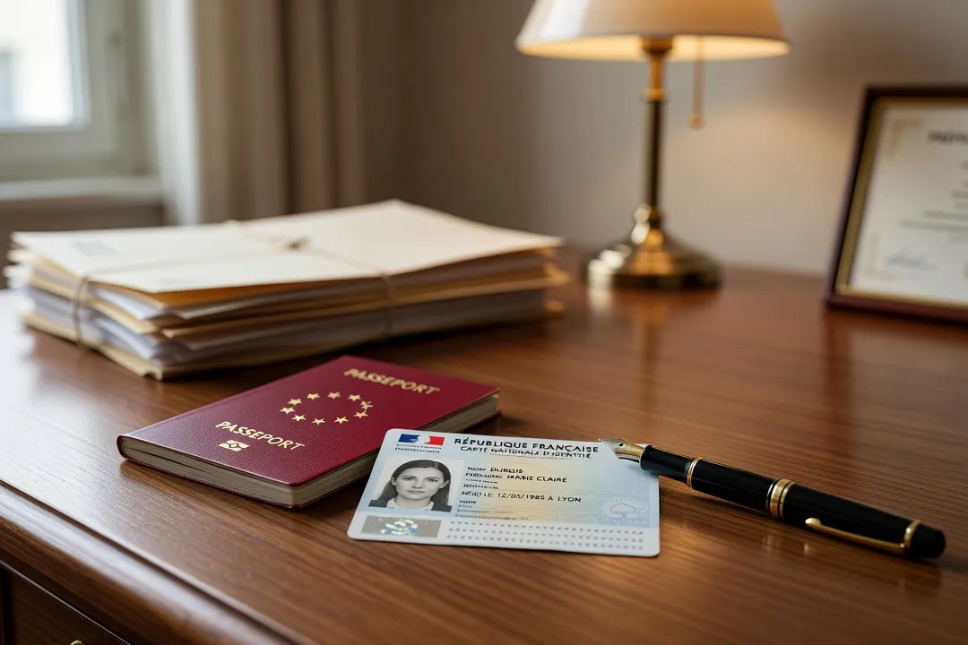 Documents d’identité et acte de mariage sur un bureau administratif