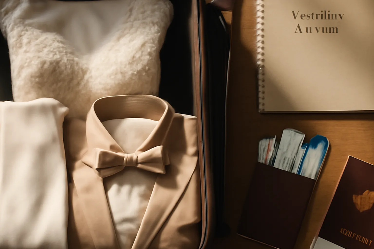Préparatifs de voyage pour un mariage à l'étranger, valise et documents