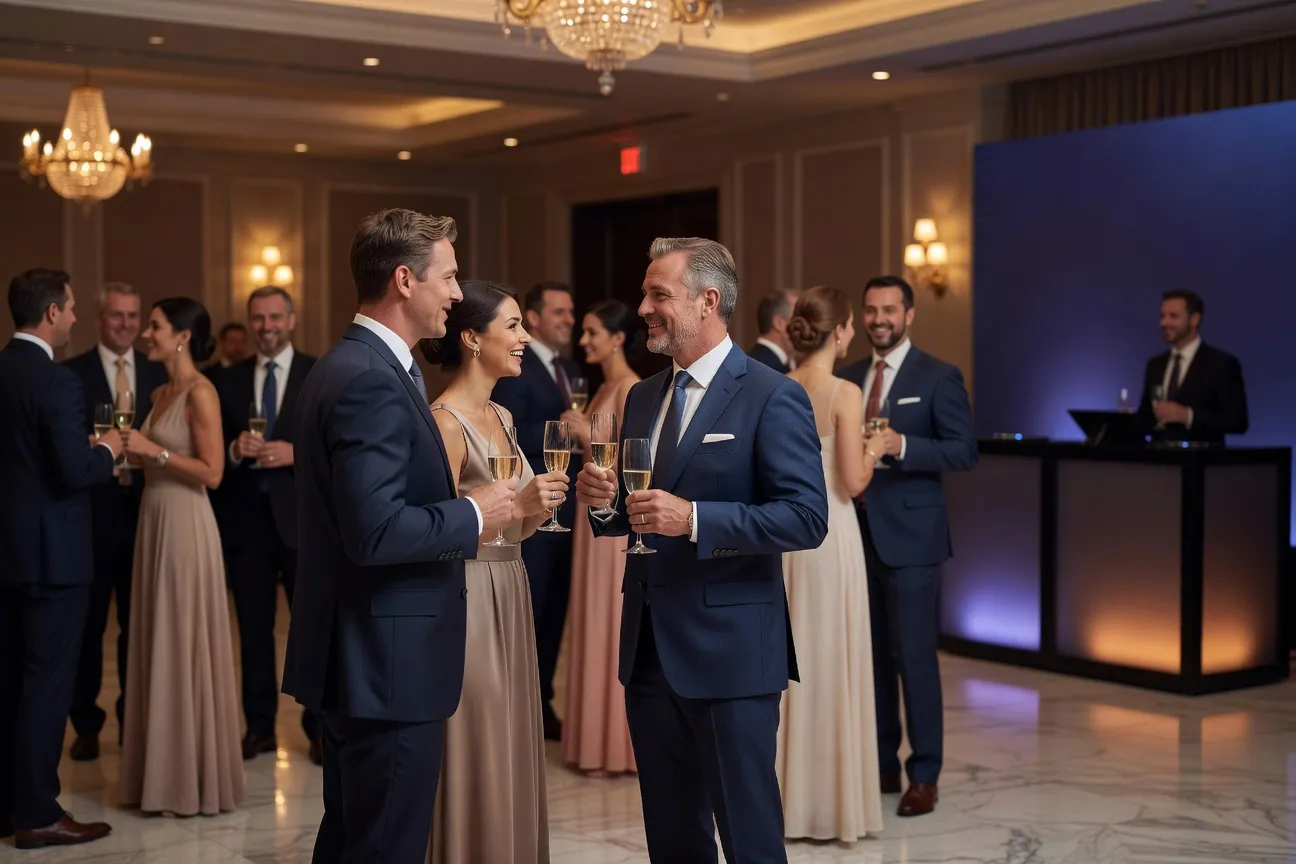 Cocktail de mariage élégant avec invités, lumières tamisées et booth DJ en arrière-plan