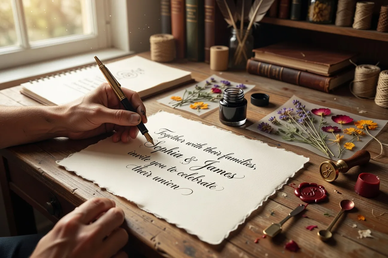 Calligraphe créant des faire-part de mariage à la plume sur papier épais