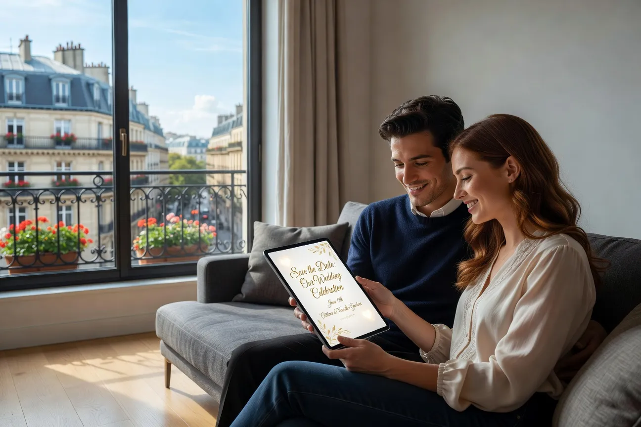 Couple consultant des faire-part de mariage digitaux sur tablette
