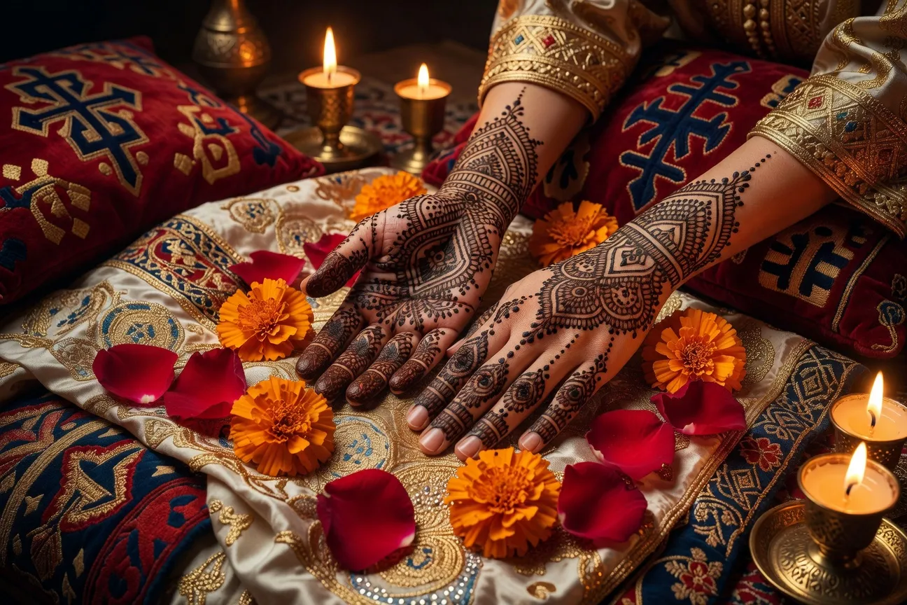 Cérémonie de henné marocaine avec mains décorées et fleurs d'oranger