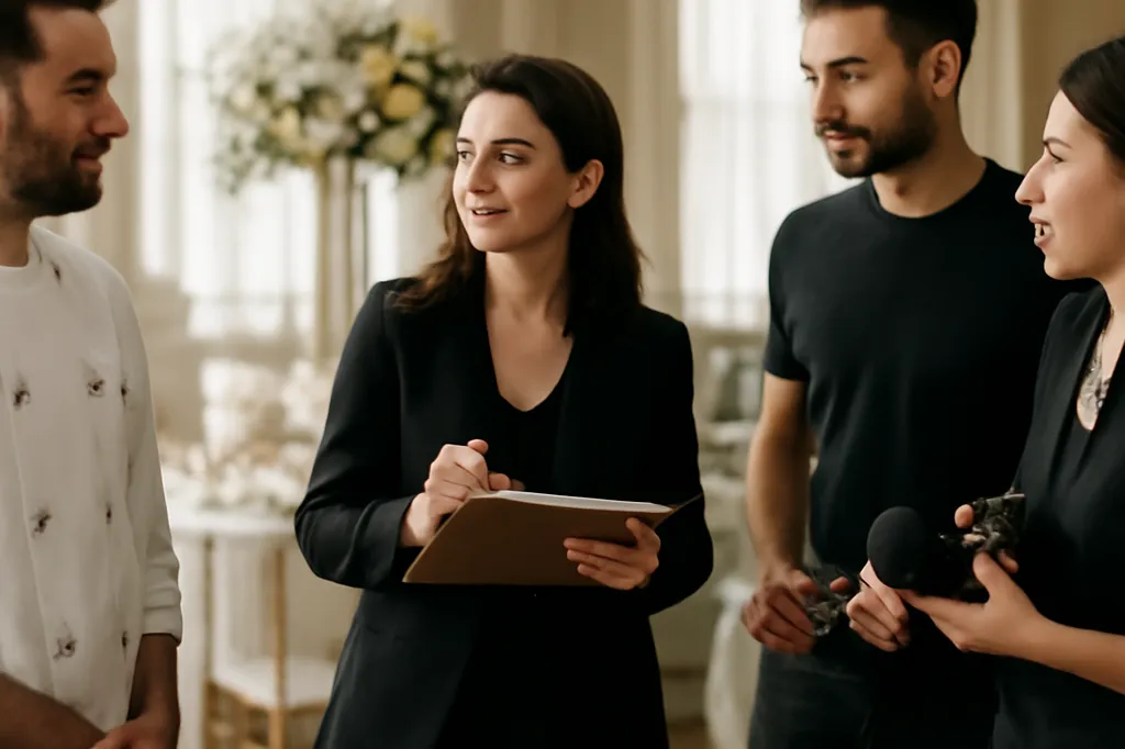 Wedding planner coordonnant les prestataires lors d’une réception de mariage
