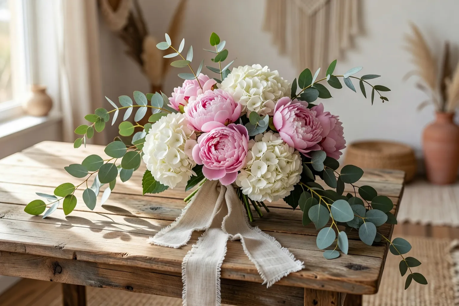 Composition florale de mariage style bohème, pivoines roses, eucalyptus, hortensias blancs