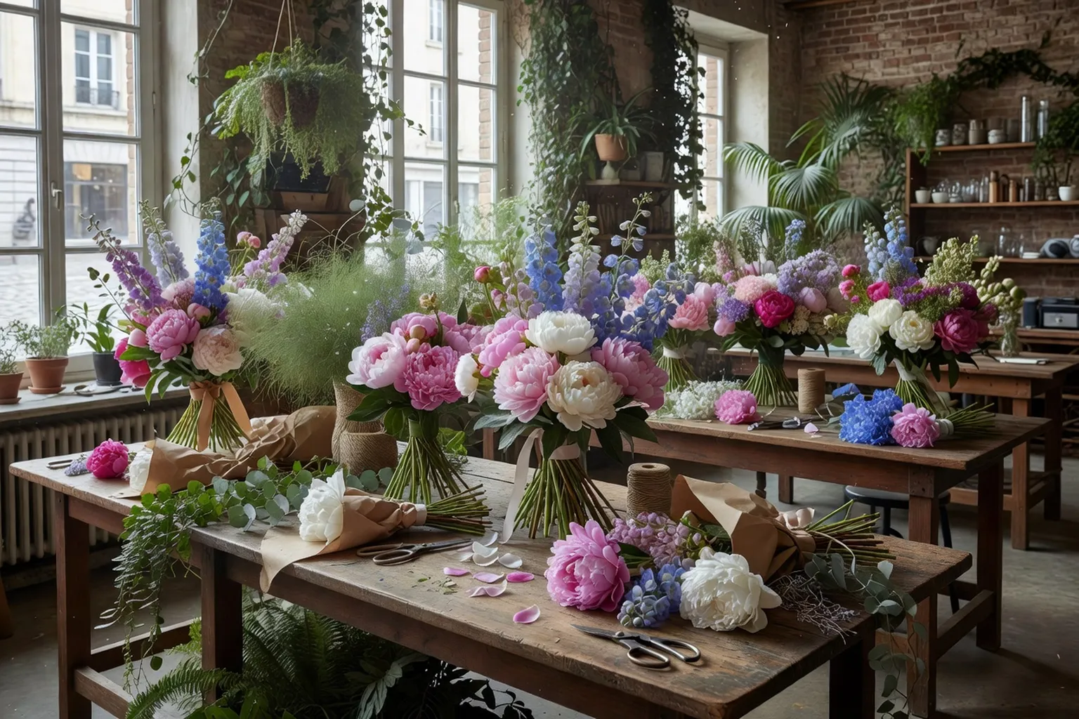 Atelier Pivoine Lyon vue d'ensemble, ambiance végétale, bouquets en préparation, lumière naturelle