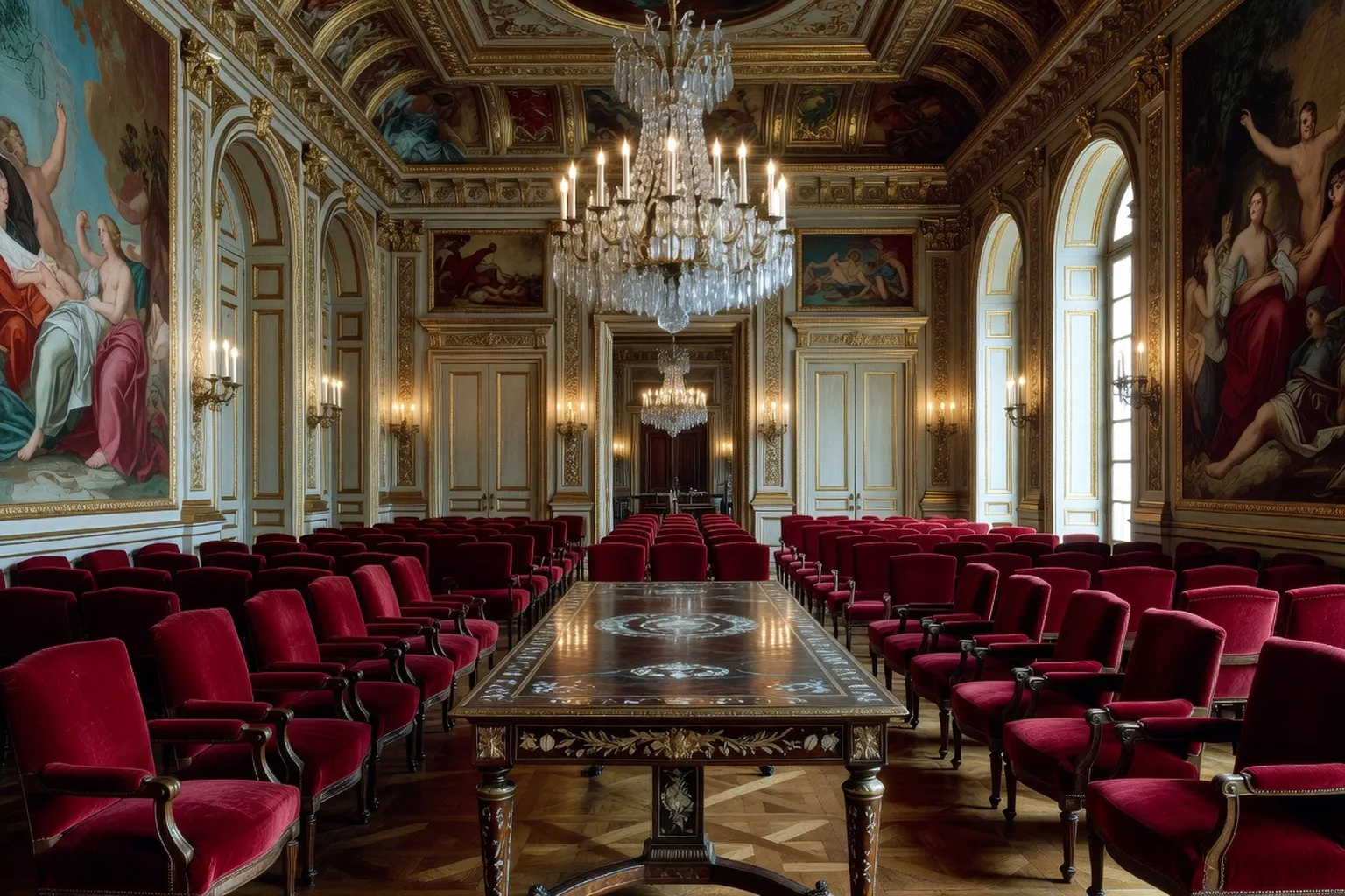 Salle des mariages d'une mairie parisienne du XIXe siècle, fauteuils velours rouges, table Empire