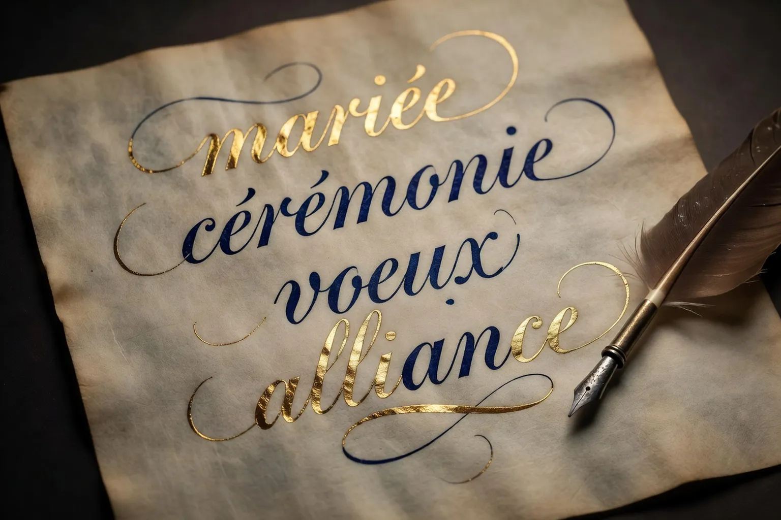 Calligraphies de mots 'mariée', 'cérémonie', 'vœux', 'alliance' sur papier vélin à l'encre or et indigo, plume ancienne posée, ambiance éditoriale précieuse