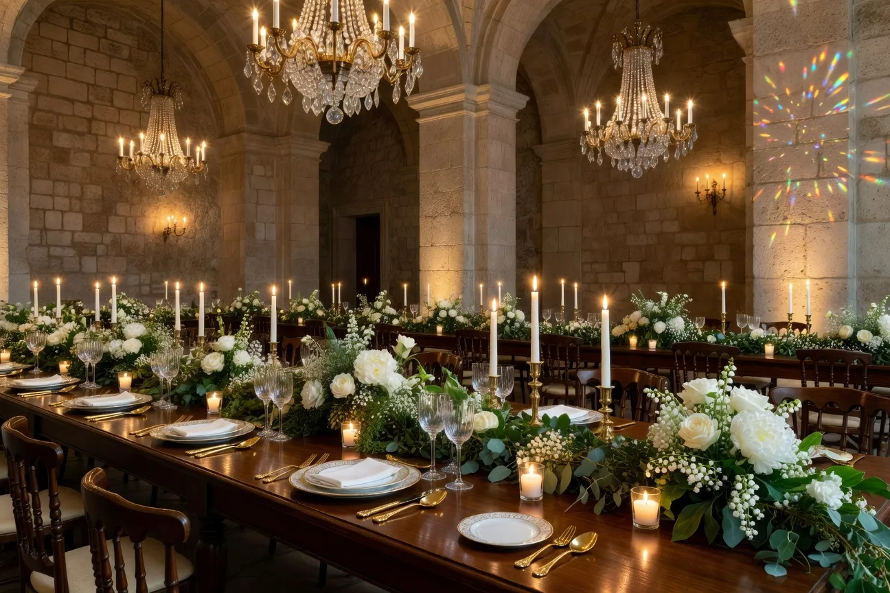 Intérieur d’un château français décoré pour un mariage avec tables fleuries