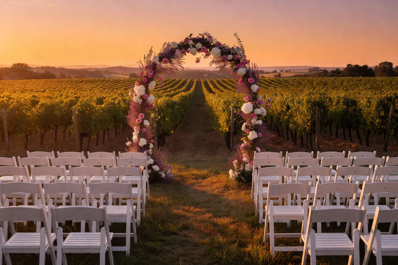Cérémonie de mariage en plein air dans un domaine viticole au coucher du soleil