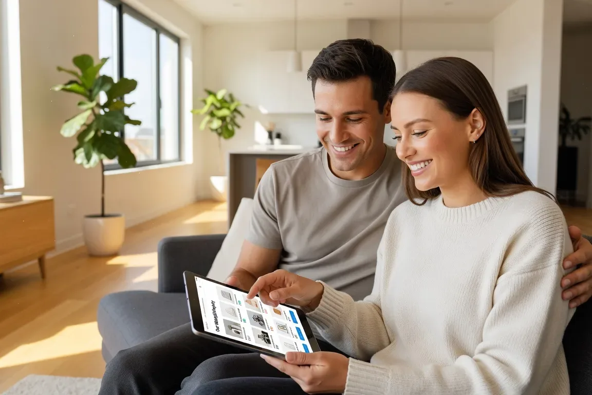 Couple regardant une liste de mariage digitale sur tablette