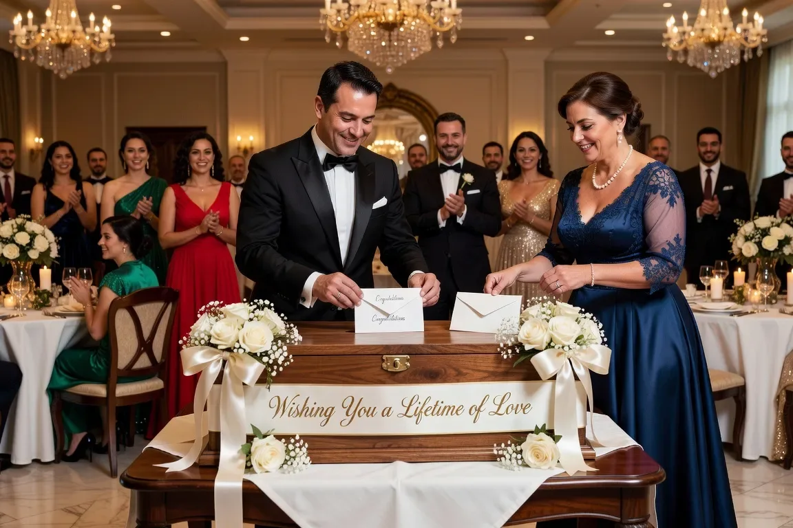 Invités de mariage glissant enveloppe dans une urne décorée