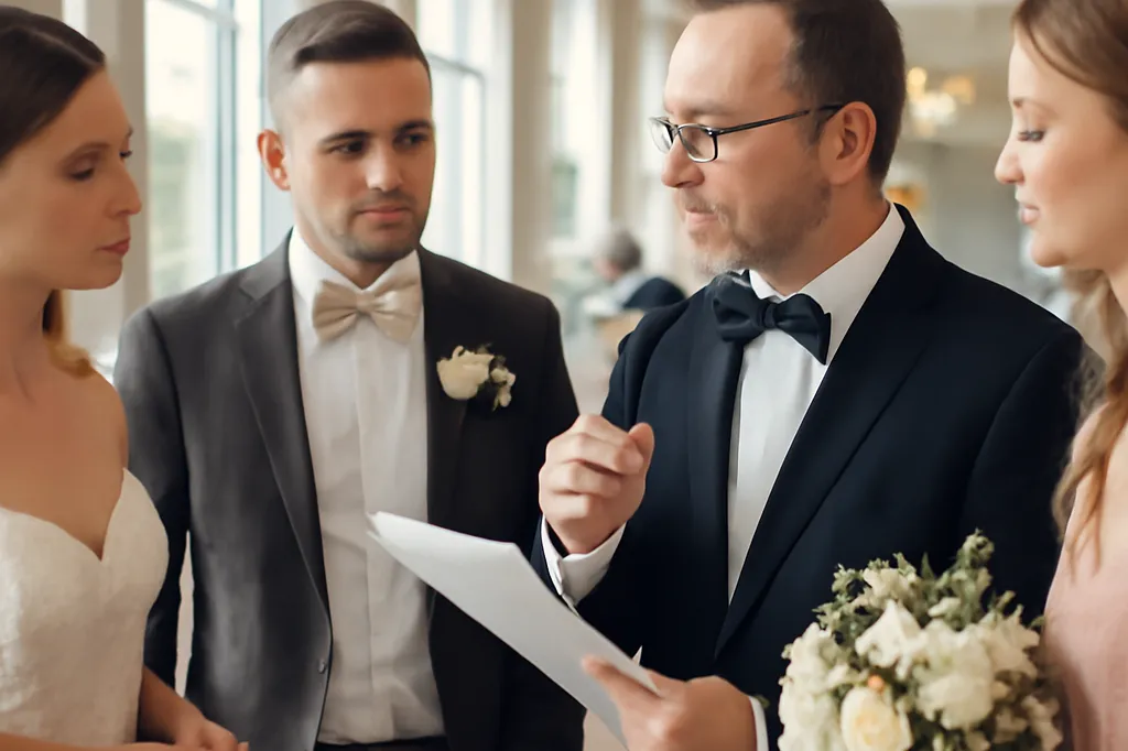 Maître de cérémonie briefant les témoins avant le début du mariage