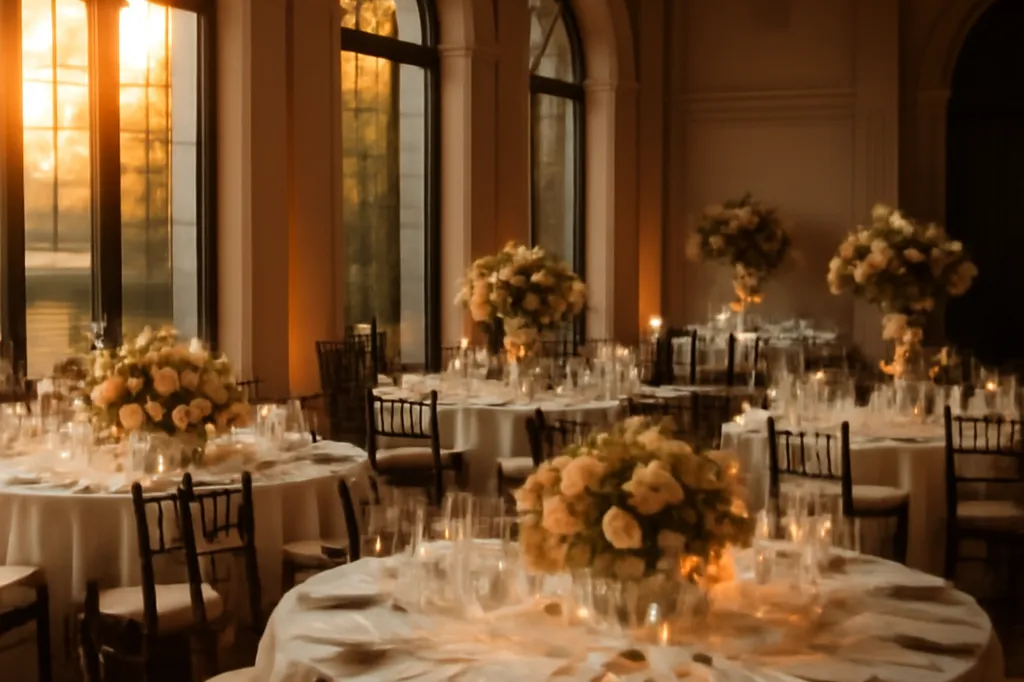 Salle de réception de mariage prête et décorée avant l’arrivée des invités