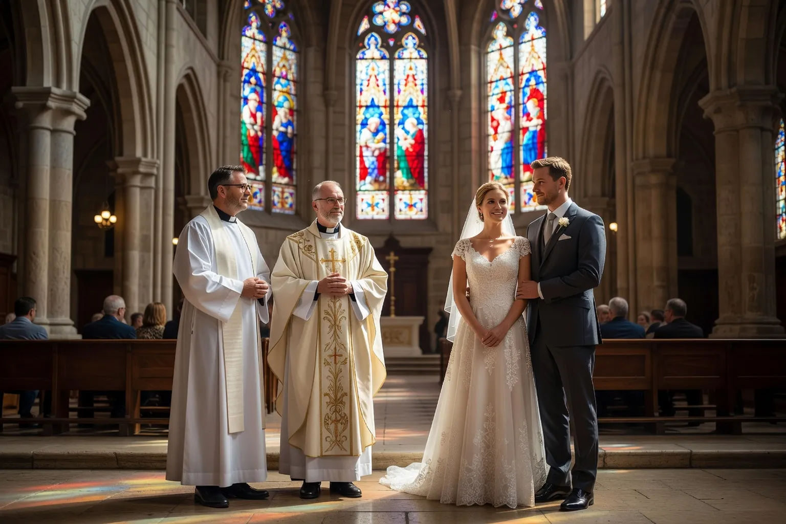 Cérémonie œcuménique catholique-protestant dans une église française, prêtre et pasteur côte à côte devant les mariés