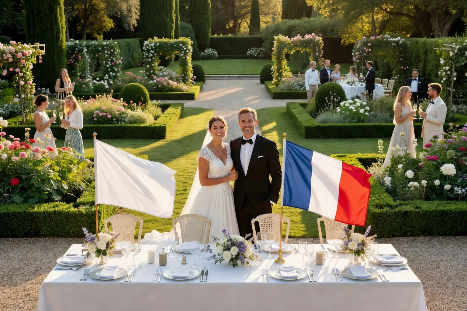 Réception de mariage en plein air dans un jardin français, deux drapeaux sur la table d'honneur (un blanc pour la religion, un tricolore pour le civil), couple souriant