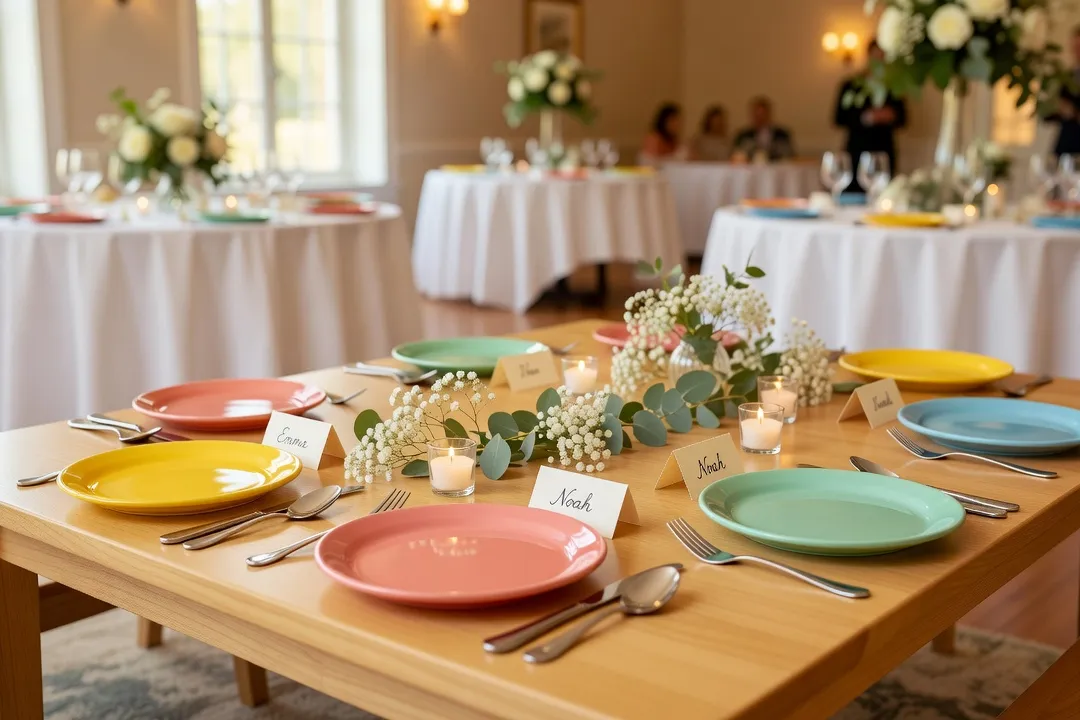 Table d’enfants dressée pour le repas lors d’une réception de mariage