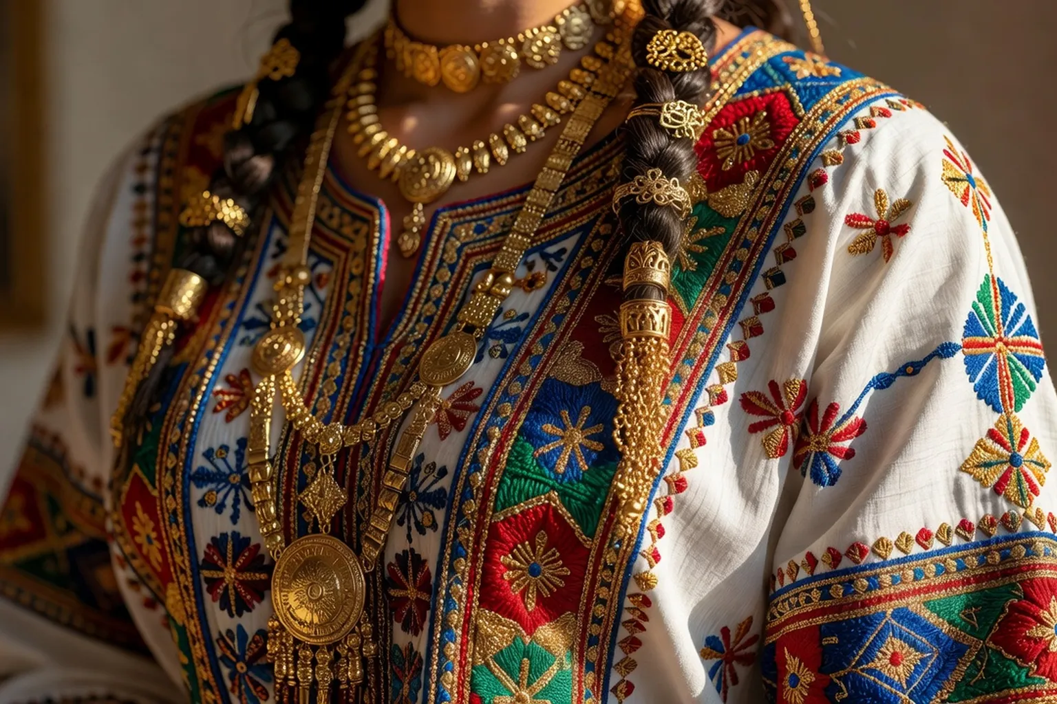 Détails de tenues brodées et bijoux traditionnels érythréens et éthiopiens