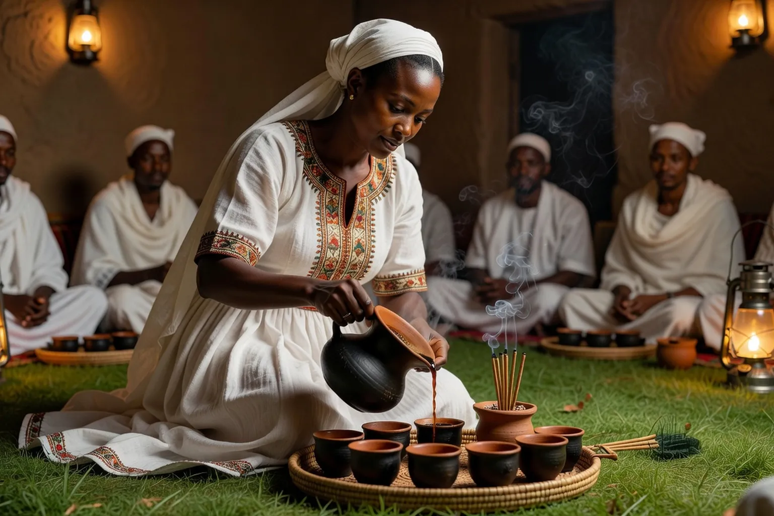 Cérémonie traditionnelle du café éthiopien avec cafetière jebena et encens