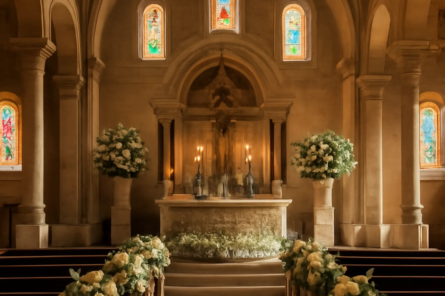Intérieur d'une église maronite décorée pour une cérémonie de mariage
