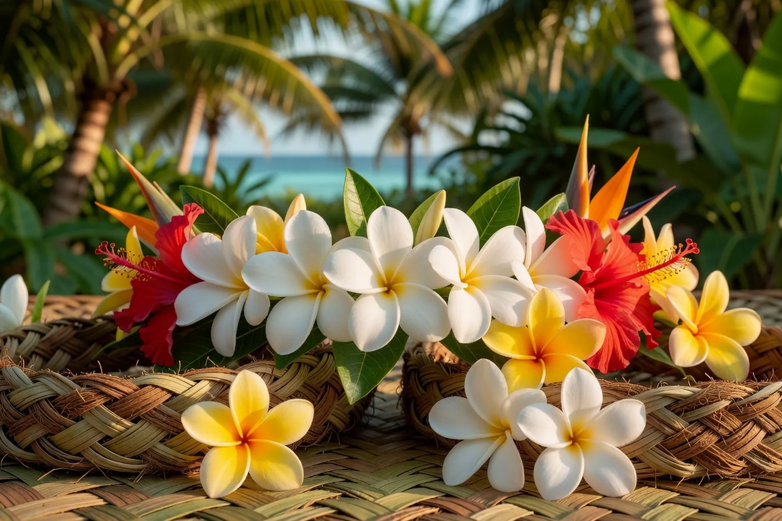 Gros plan sur des couronnes de fleurs de tiare et parures traditionnelles polynésiennes