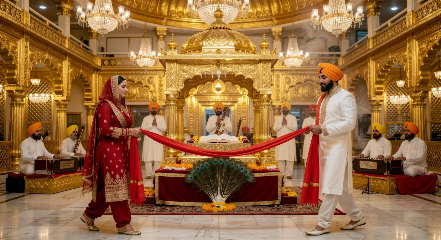 Couple sikh effectuant les circumambulations Lavaan autour du Guru Granth Sahib