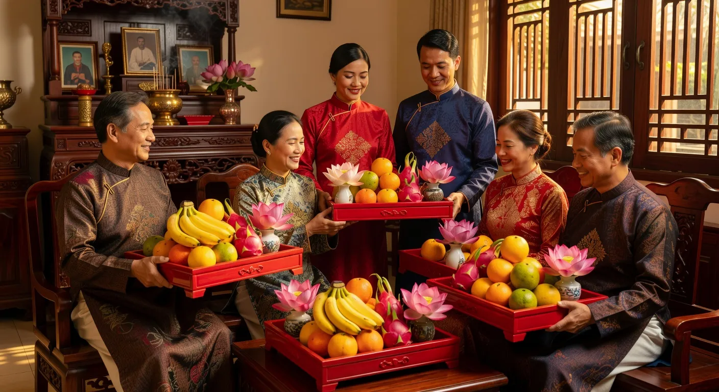 Famille vietnamienne lors de la présentation des dons de dot