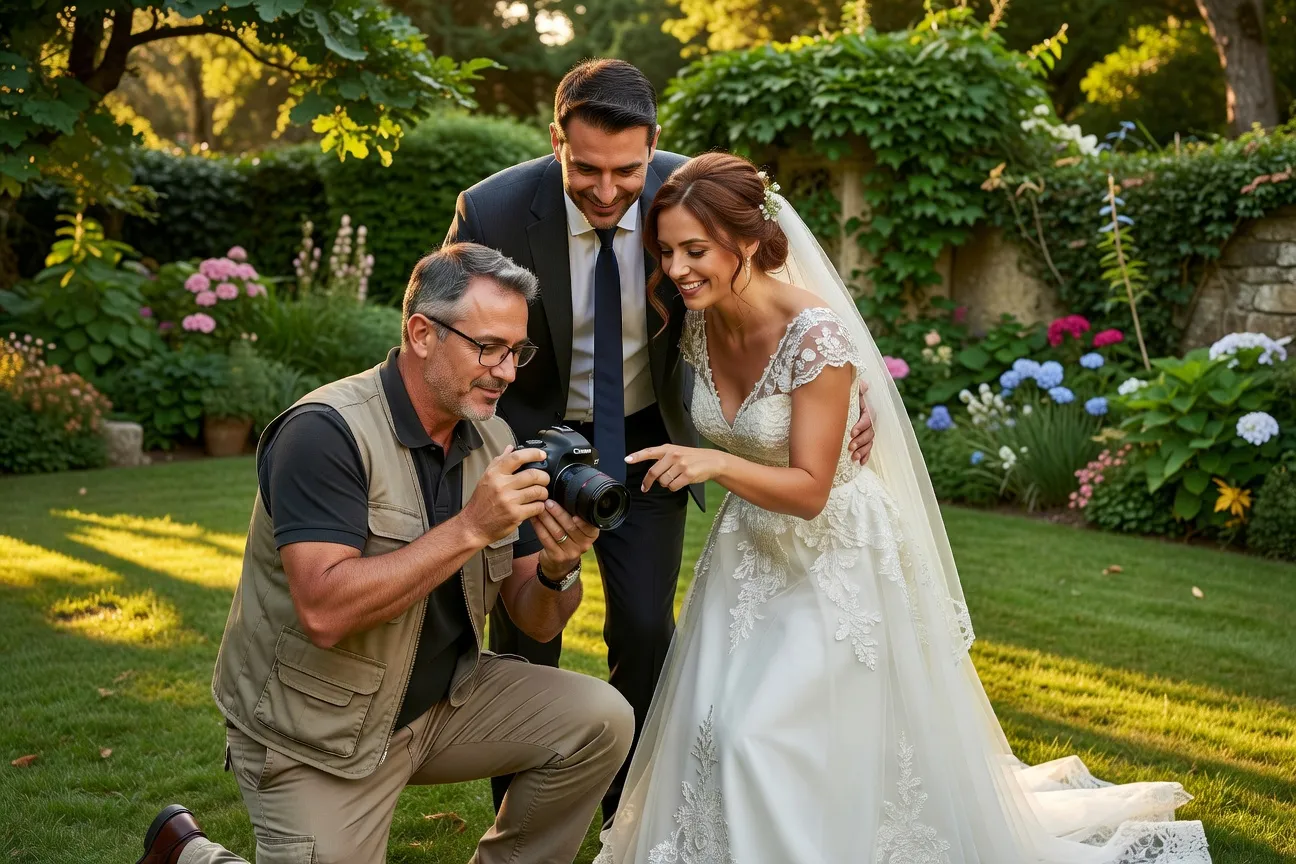 Photographe de mariage avec un couple lors d'une séance portrait en lumière naturelle