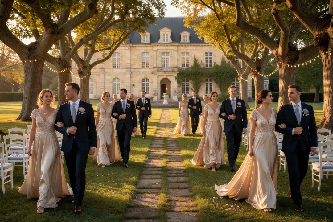 Cortège de mariage entrant dans une allée fleurie lors de la cérémonie