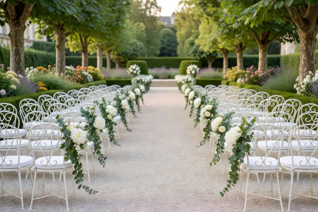 Rangées de chaises de mariage installées de part et d’autre de l’allée dans un jardin