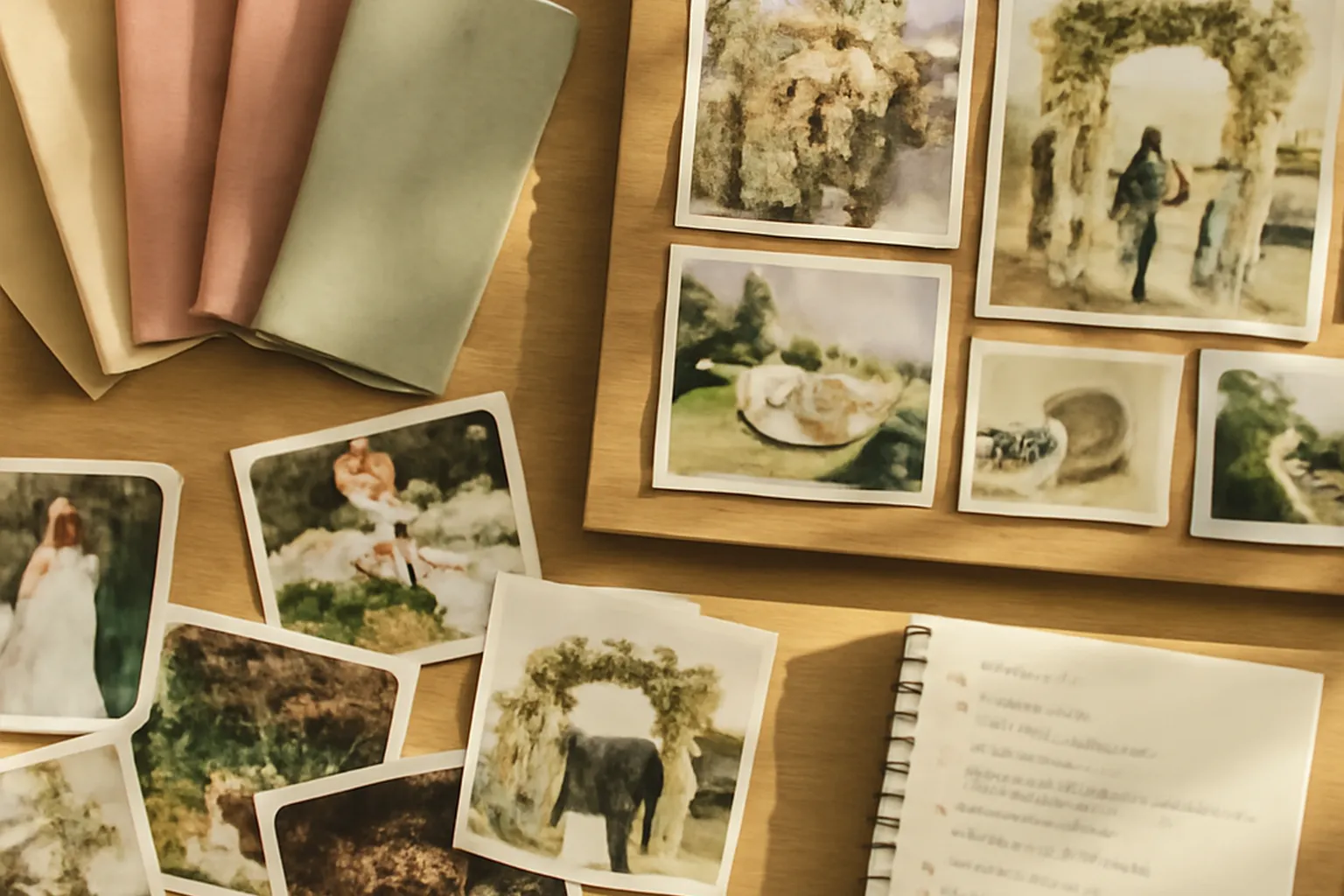 Bureau d'organisation de mariage avec échantillons, photos et moodboard