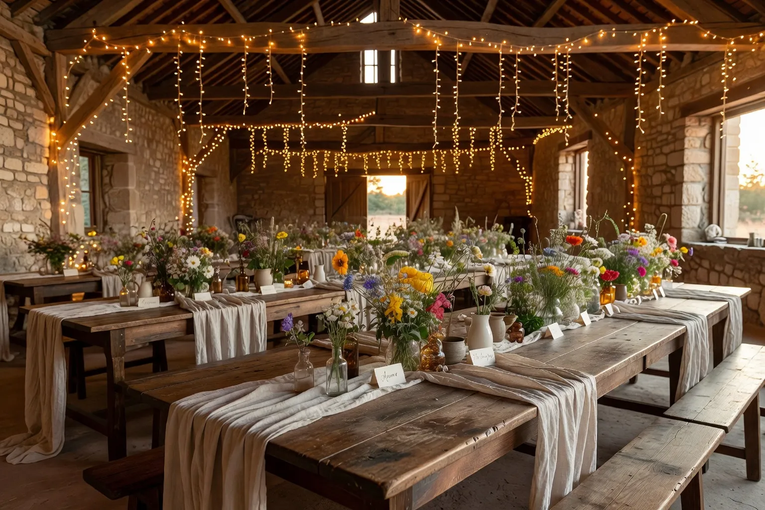 Thème mariage bohème champêtre dans une grange rénovée : guirlandes lumineuses, fleurs sauvages, longues tables en bois patiné, ambiance dorée