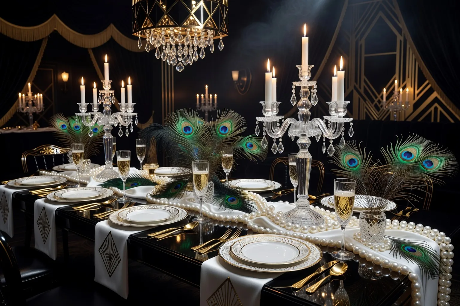 Thème mariage art déco gatsby des années 1920 : noir blanc et or, plumes, perles, candélabres, ambiance chic prohibition