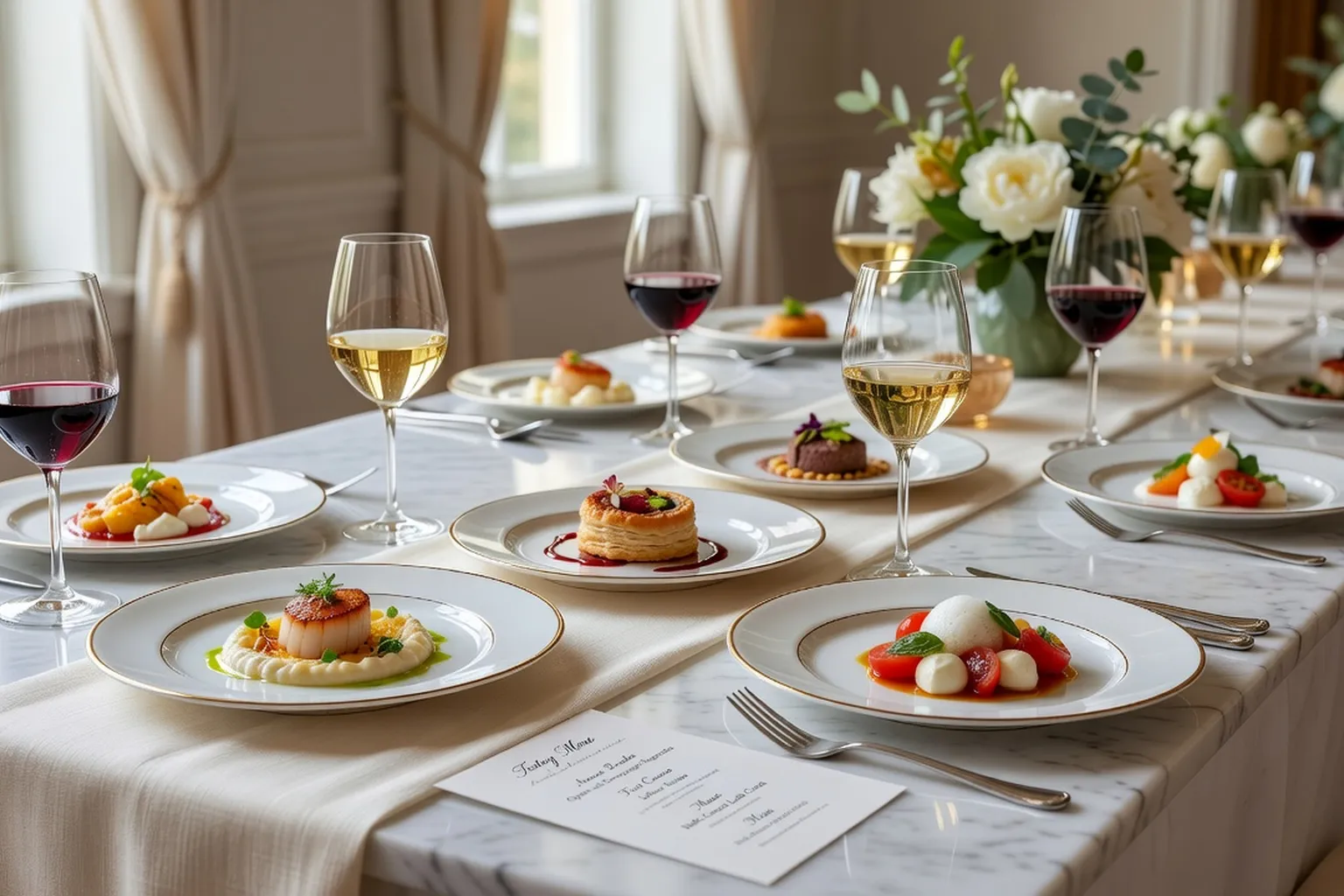Table de dégustation de mariage avec plusieurs assiettes présentées
