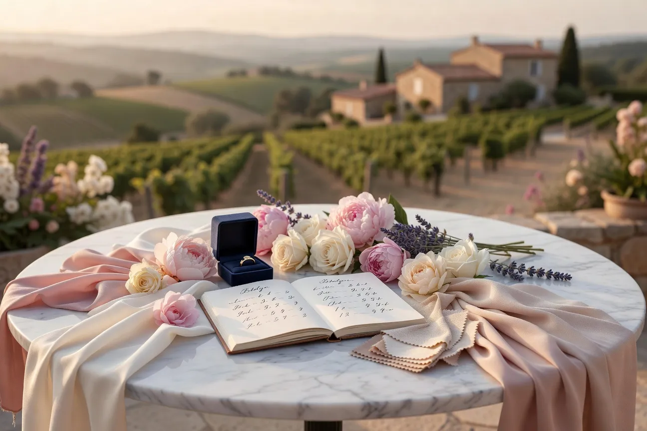 Planning budget mariage sur une table blanche avec cahier et fleurs