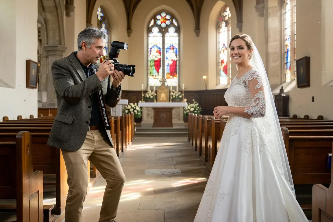 Photographe de mariage professionnel lors d'une cérémonie