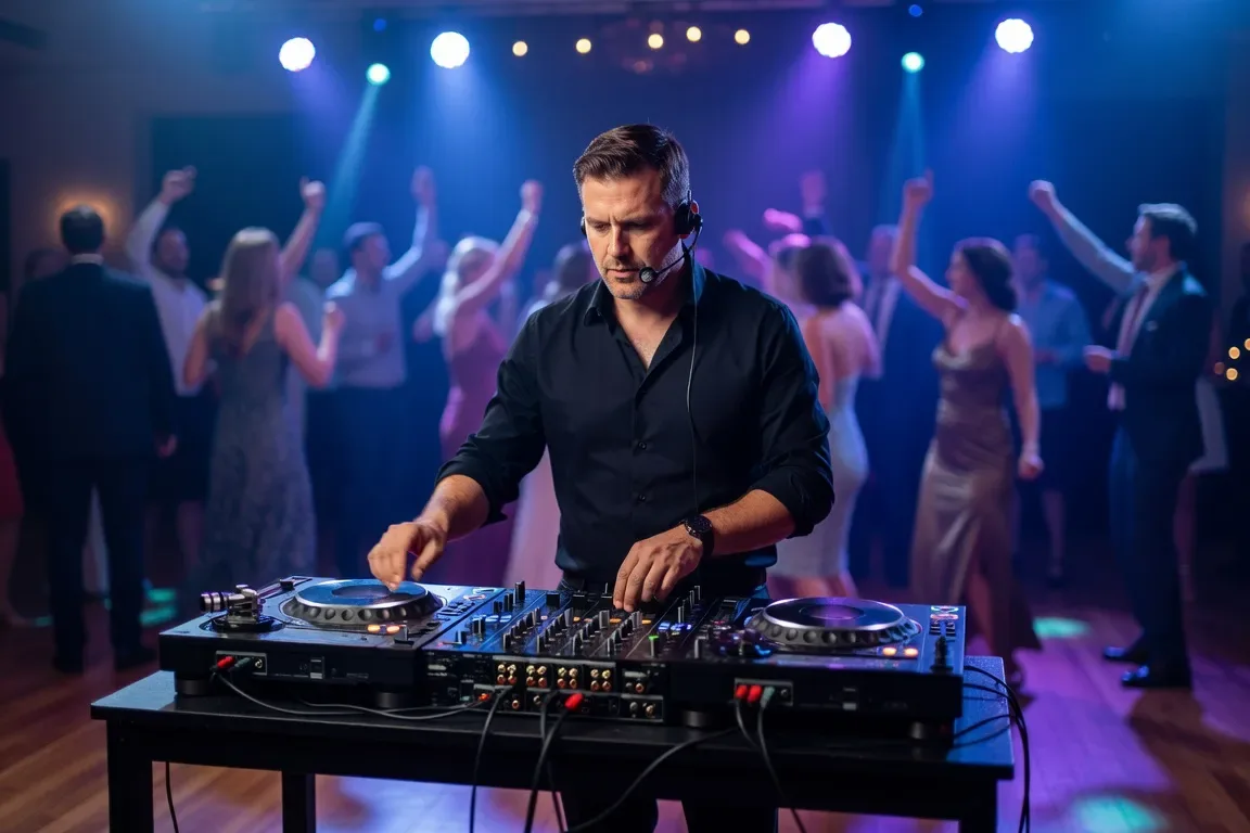 DJ professionnel lors d'une soirée de mariage avec piste de danse éclairée
