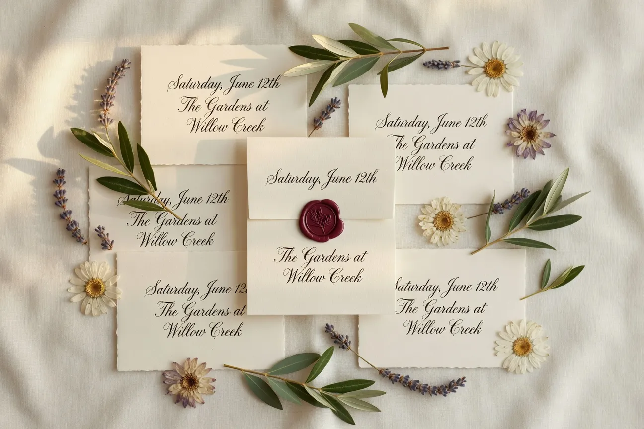 Faire-part de mariage élégants avec calligraphie, cire et fleurs séchées