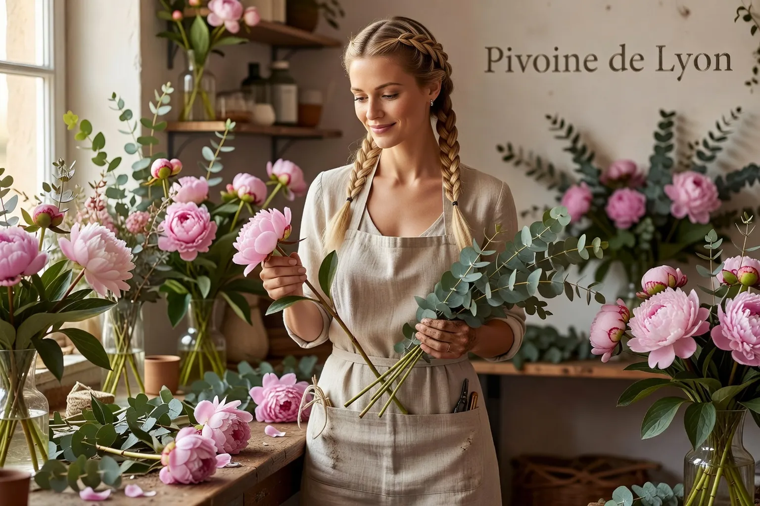 Portrait de Clara Dubreuil, fleuriste créatrice de mariages, dans son atelier Pivoine à Lyon, entourée de pivoines roses et d'eucalyptus
