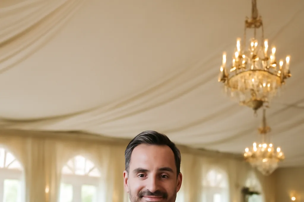 Portrait d'un maître de cérémonie de mariage en costume, dans une salle de réception
