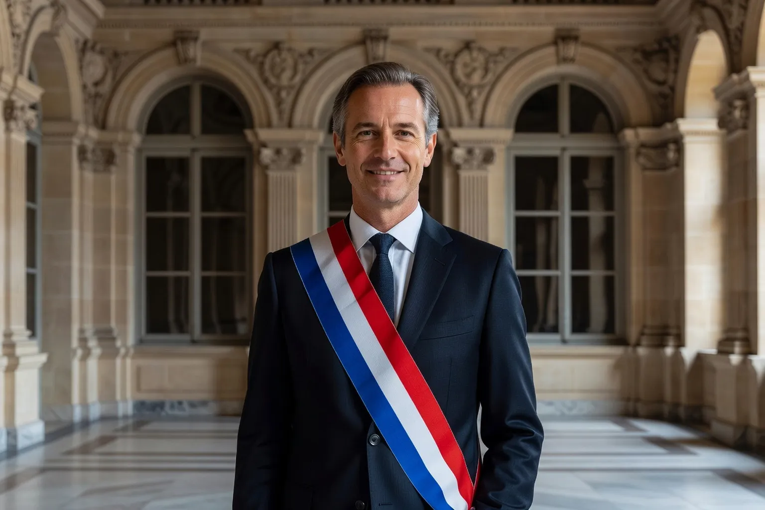 Portrait de Sylvain Marchand, officier d'état civil à la mairie du XVe arrondissement de Paris, en costume sombre et écharpe tricolore, devant la salle des mariages
