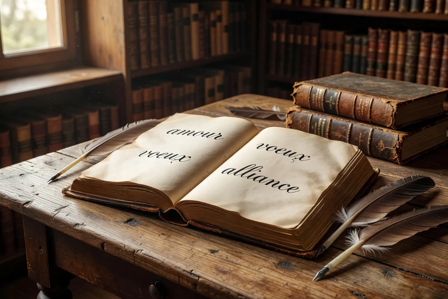 Composition éditoriale : dictionnaire ancien ouvert sur table en chêne, plumes d'oie, lettres calligraphiées 'amour' 'vœux' 'alliance', ambiance librairie ancienne