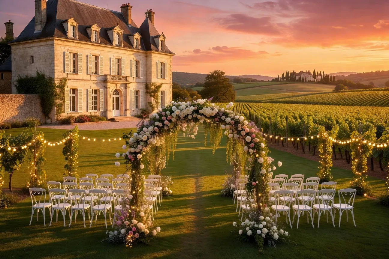 Château français décoré pour un mariage à la lumière dorée du soir