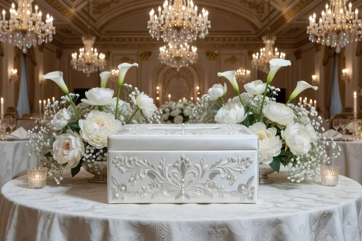 Urne de mariage en tissu blanc brodé sur une table décorée de fleurs