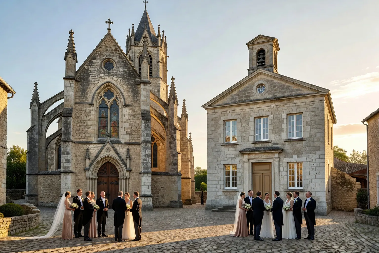 Double cérémonie de mariage : église catholique et temple protestant côte à côte dans un village français, lumière matinale