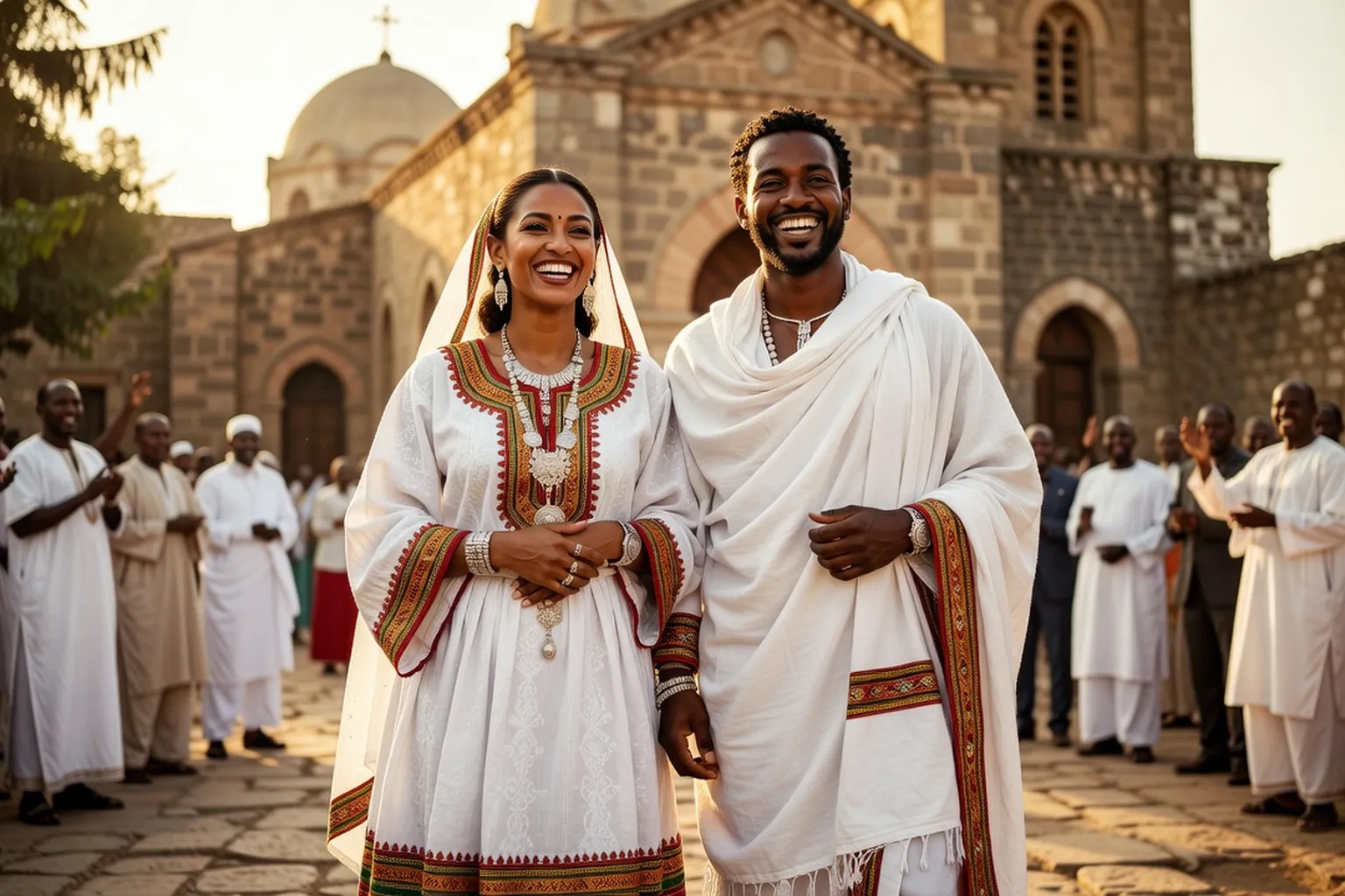 Couple éthiopien en tenue traditionnelle habesha lors d'une cérémonie de mariage