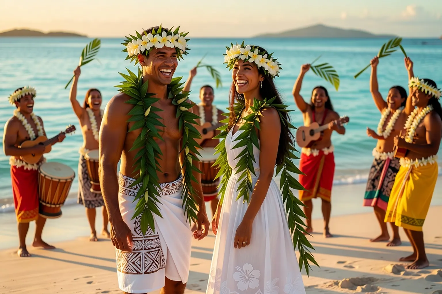 Couple en tenue traditionnelle polynésienne avec couronnes de fleurs de tiare