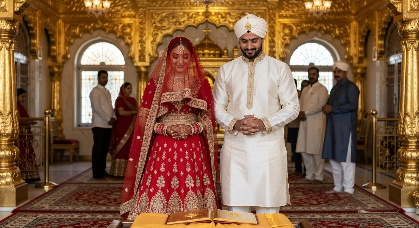 Couple sikh lors de la cérémonie Anand Karaj dans un gurudwara