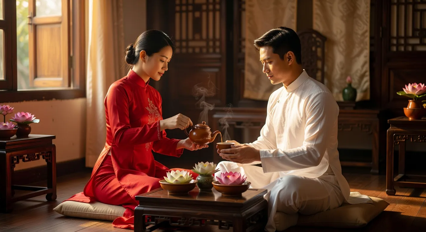 Couple vietnamien en áo dài lors de la cérémonie du thé traditionnelle